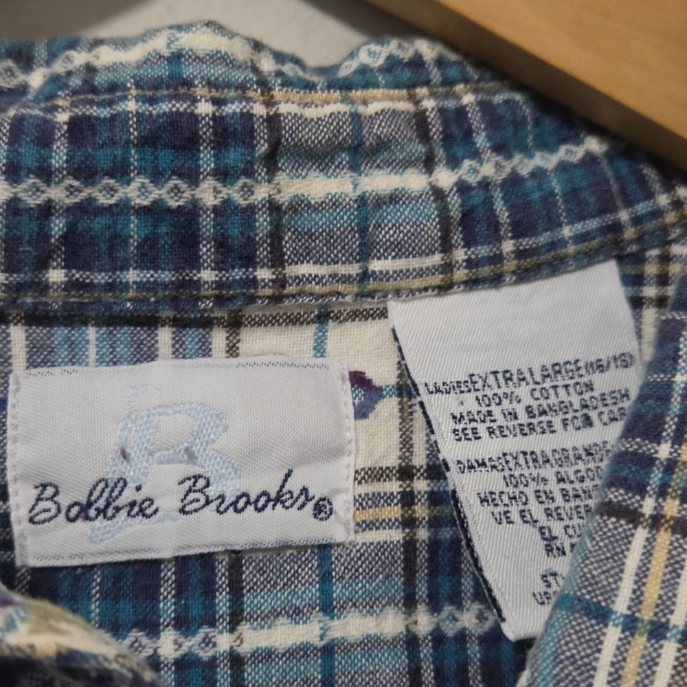 Bobbie Brooks Blue Plaid Floral Embroidered Cotton Button Up Shirt Womens XL - Picture 3 of 4